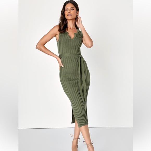 Lulus Olive Green Belted Midi Dress - Picture 5 of 8